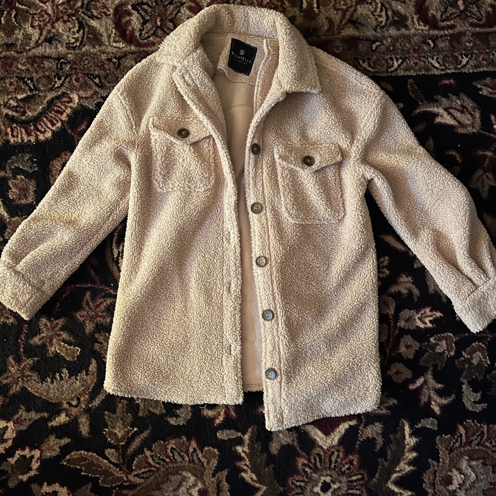 Bagatelle Women’s Faux Sherpa Teddy Shacket Front Pockets Tan Size M